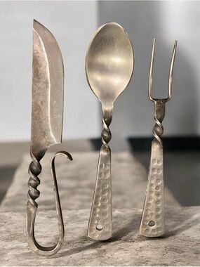 Vintage MCM Handcrafted metal serving set with twisted handles & hammered finish